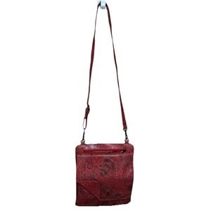 Silver Rose Red Embossed Genuine Leather Adj Shoulder Strap Cross Body Bag‎
